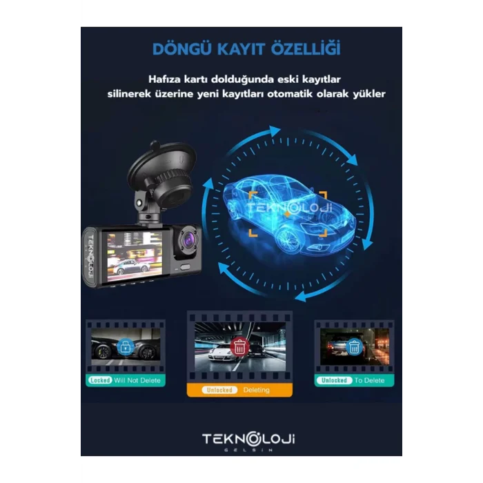 1080P Dash Cam Full Hd Araç içi Kamera Ön Arka ve İç Kayıt 3 Kamera Gece Görüşlü G Sensör Geniş Açı