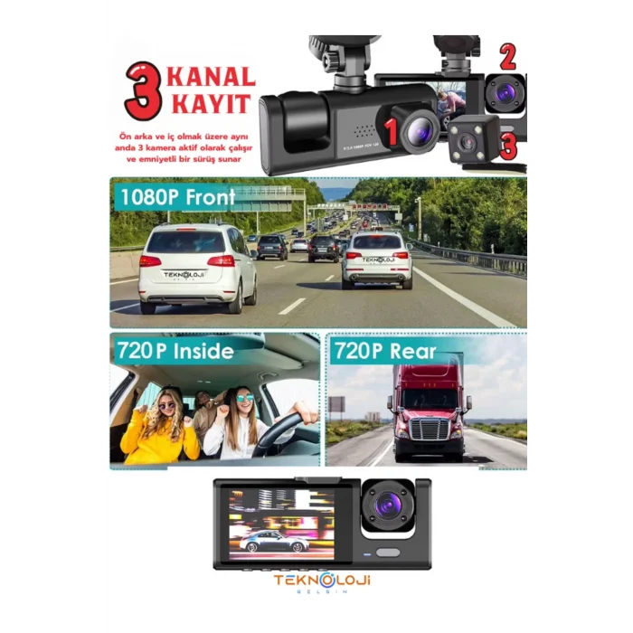  1080P Dash Cam Full Hd Araç içi Kamera Ön Arka ve İç Kayıt 3 Kamera Gece Görüşlü G Sensör Geniş Açı