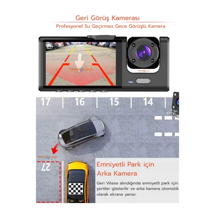  1080P Dash Cam Full Hd Araç içi Kamera Ön Arka ve İç Kayıt 3 Kamera Gece Görüşlü G Sensör Geniş Açı