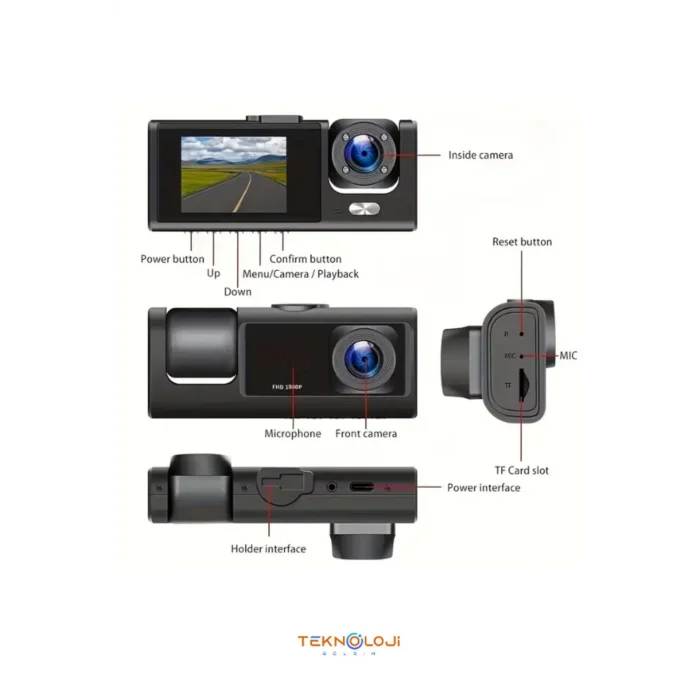  1080P Dash Cam Full Hd Araç içi Kamera Ön Arka ve İç Kayıt 3 Kamera Gece Görüşlü G Sensör Geniş Açı