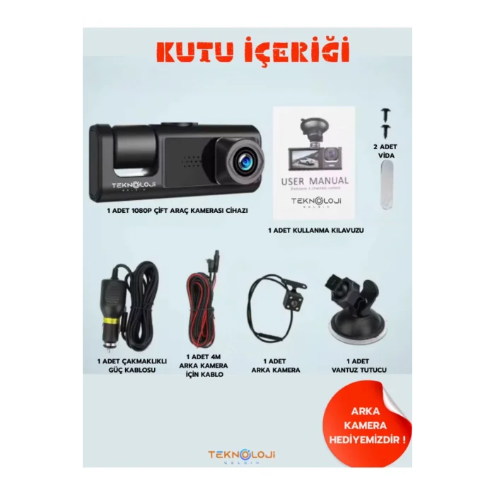 1080P Dash Cam Full Hd Araç içi Kamera Ön Arka ve İç Kayıt 3 Kamera Gece Görüşlü G Sensör Geniş Açı