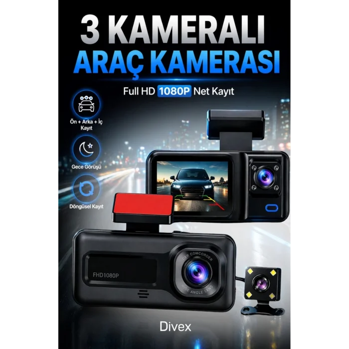 BUĞZ 1080p HD 3 Kameralı Araç Kamerası Ön Arka İç Kayıt ve Park Destekli Gece Görüşlü