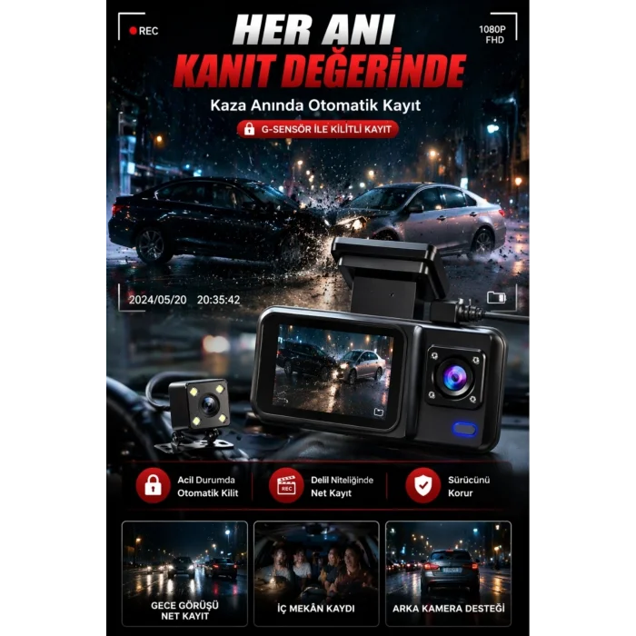 BUĞZ 1080p HD 3 Kameralı Araç Kamerası Ön Arka İç Kayıt ve Park Destekli Gece Görüşlü