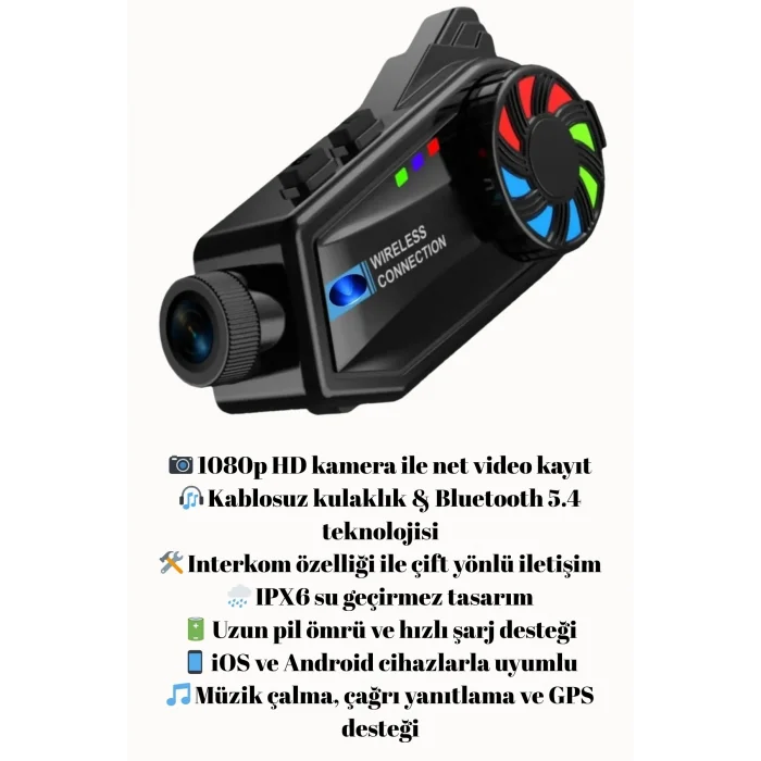 BUĞZ 1080P Video Kayıt Özellikli, Su Geçirmez ve Bluetooth 5.4 Motorcu Interkom Kulaklığı