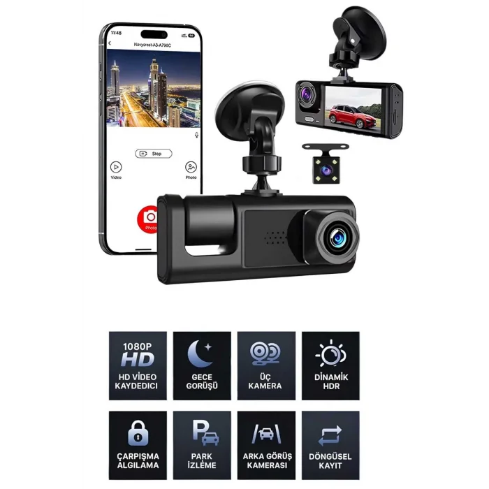  1080p Wifi Full Hd Araç Içi Kamera Arka Ön Iç Kayıt 3 Kamera Gece Görüşlü Gsensör Geniş Açı