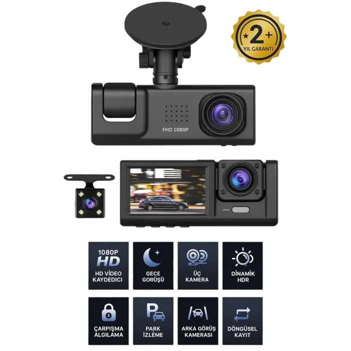  1080p Wifi Full Hd Araç Içi Kamera Arka Ön Iç Kayıt 3 Kamera Gece Görüşlü Gsensör Geniş Açı