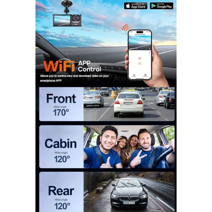  1080p Wifi Full Hd Araç Içi Kamera Arka Ön Iç Kayıt 3 Kamera Gece Görüşlü Gsensör Geniş Açı