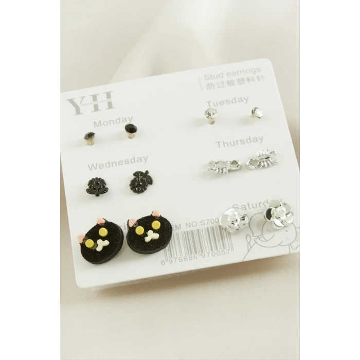 BUĞZ 12 Adet Kedi Metal Taşlı Küpe