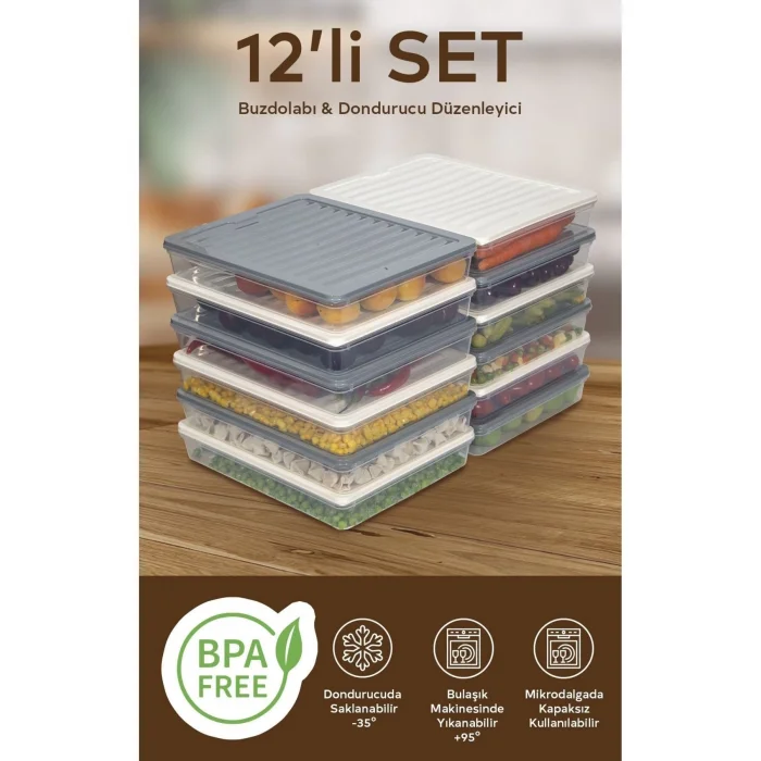  12li Renkli Buzdolabı Düzenleyici Buzluk Ve Mikrodalga Saklama Kabı 12X2400 ML