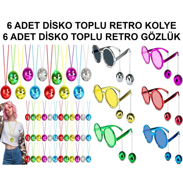  12 Parça Renkli Disko Toplu Retro Parti Seti – 6 Kolye + 6 Gözlük
