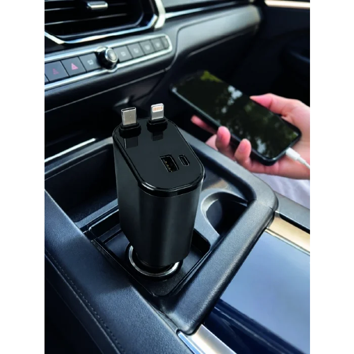 BUĞZ 120W Hızlı Şarj Destekli 4ü 1 Arada Araç Şarj Cihazı Type-C, Lightning, USB ve USB-C Çıkışlı