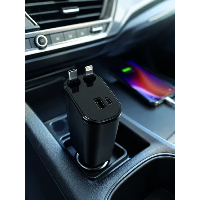 BUĞZ 120W Hızlı Şarj Destekli 4ü 1 Arada Araç Şarj Cihazı Type-C, Lightning, USB ve USB-C Çıkışlı - BUĞZ