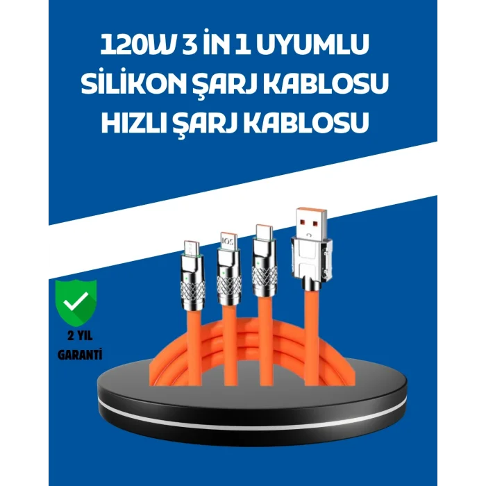 BUĞZ 120W Şarj Destekli 3’ü 1 Arada Çoklu Şarj Kablosu – 1.2 Metre