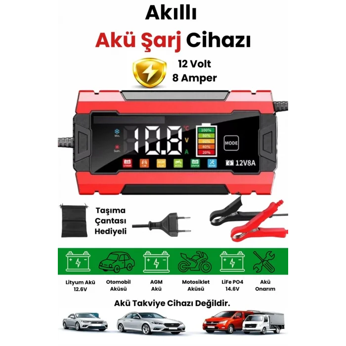 BUĞZ 12V 8A Akıllı Akü Şarj Cihazı 12V 8A LCD Ekranlı Pulse Repair Otomatik Akü Şarj & Desülfatör