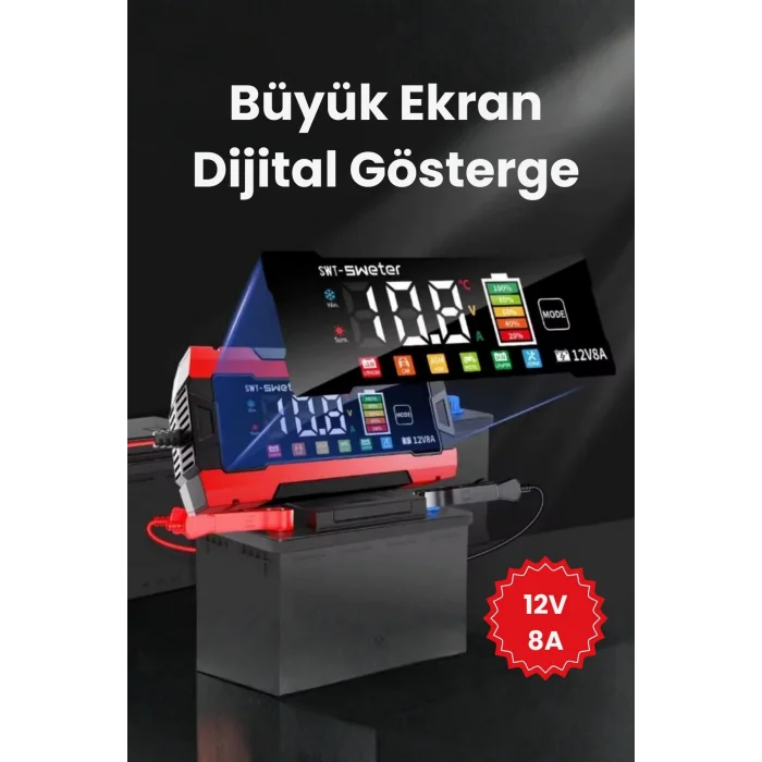 BUĞZ 12V 8A Akıllı Akü Şarj Cihazı 12V 8A LCD Ekranlı Pulse Repair Otomatik Akü Şarj & Desülfatör