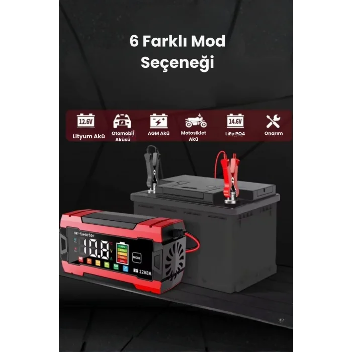 BUĞZ 12V 8A Akıllı Akü Şarj Cihazı 12V 8A LCD Ekranlı Pulse Repair Otomatik Akü Şarj & Desülfatör