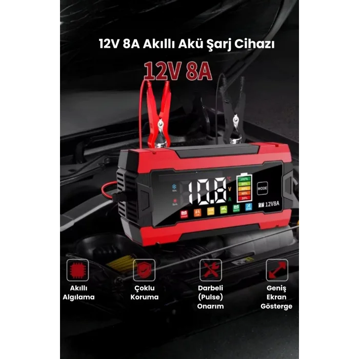BUĞZ 12V 8A Akıllı Akü Şarj Cihazı 12V 8A LCD Ekranlı Pulse Repair Otomatik Akü Şarj & Desülfatör