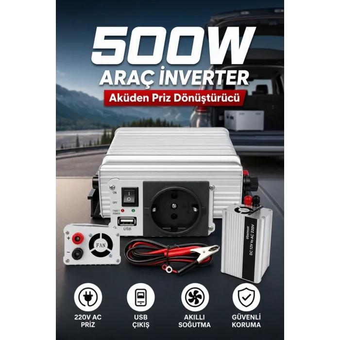 BUĞZ 500W 12V Akü İnverteri 220V AC Çıkışlı USB Portlu Fanlı Güç Dönüştürücü Araç Karavan Kullanımı