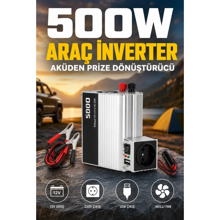 BUĞZ 500W 12V Akü İnverteri 220V AC Çıkışlı USB Portlu Fanlı Güç Dönüştürücü Araç Karavan Kullanımı