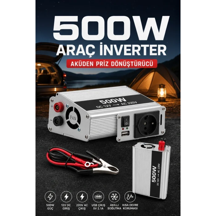 BUĞZ 500W 12V Akü İnverteri 220V AC Çıkışlı USB Portlu Fanlı Güç Dönüştürücü Araç Karavan Kullanımı