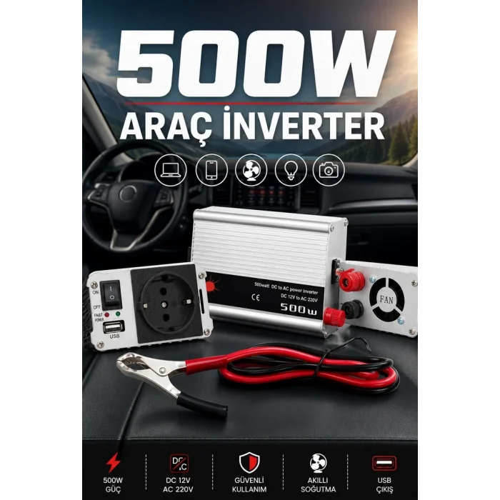 BUĞZ 500W 12V Akü İnverteri 220V AC Çıkışlı USB Portlu Fanlı Güç Dönüştürücü Araç Karavan Kullanımı