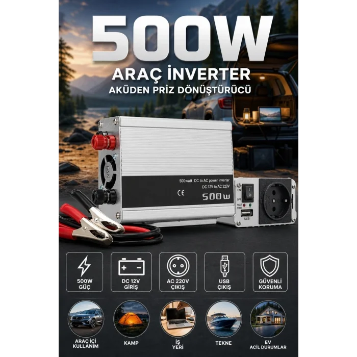 BUĞZ 500W 12V Akü İnverteri 220V AC Çıkışlı USB Portlu Fanlı Güç Dönüştürücü Araç Karavan Kullanımı