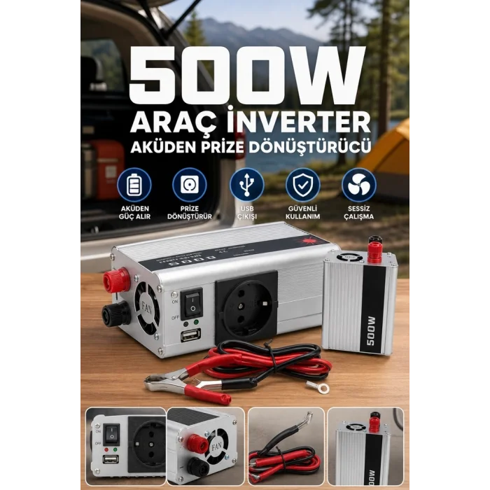 BUĞZ 500W 12V Akü İnverteri 220V AC Çıkışlı USB Portlu Fanlı Güç Dönüştürücü Araç Karavan Kullanımı