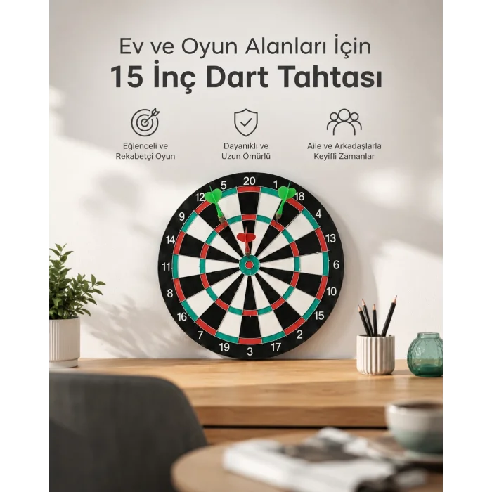 BUĞZ 15 İnç Büyük Boy Dart Tahtası Ev Oyun Seti 4 Adet Metal Uç Oklu