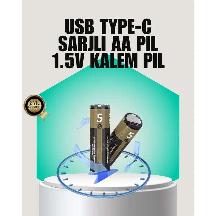 BUĞZ 1.5V AA Şarjlı Lityum Pil | 1000+ Kez Şarj Edilebilir | Hızlı Type-C Şarj (2 Adet)