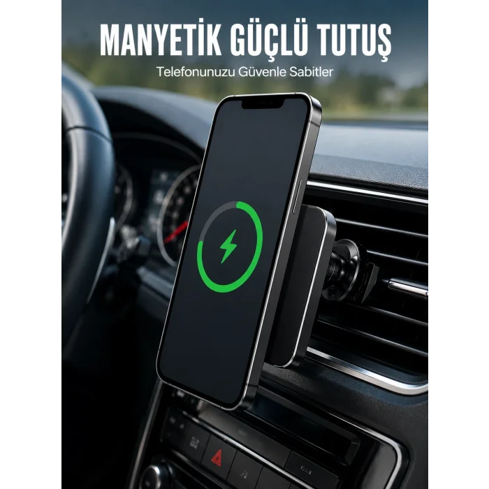BUĞZ 15W Hızlı Şarj Destekli Manyetik Araç Telefon Tutucu Kablosuz Araç Şarj Standı