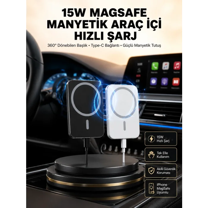 BUĞZ 15W Kablosuz Şarj Destekli MagSafe Araç Tutucu Havalandırma Klipsli