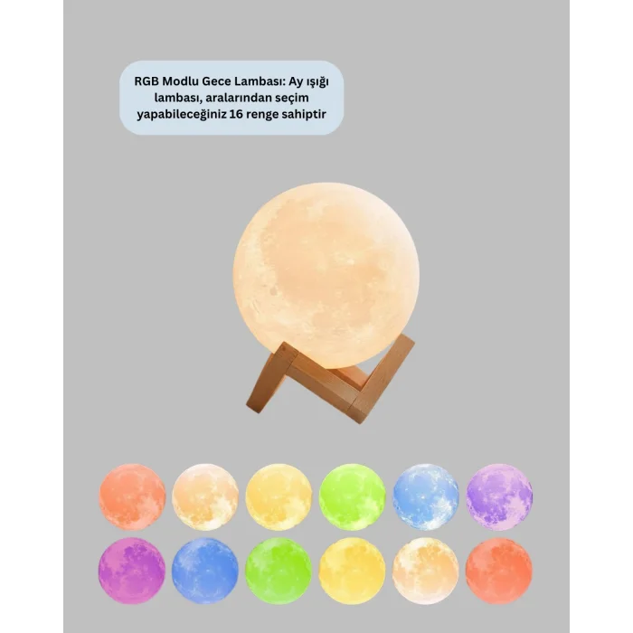 BUĞZ 16 Renkli 3D Ay Gece Lambası RGB Modlu Şarjlı - BUĞZ