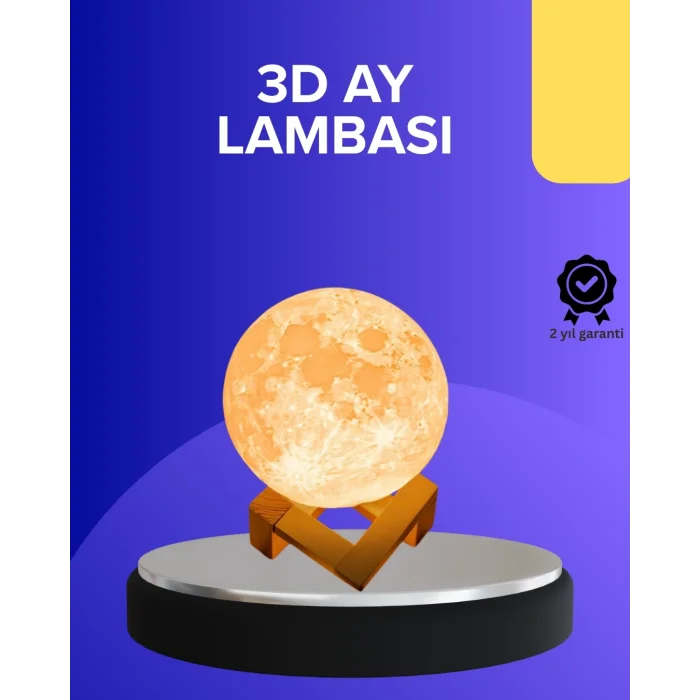BUĞZ 16 Renkli 3D Baskılı Ay Lambası Ahşap Standlı