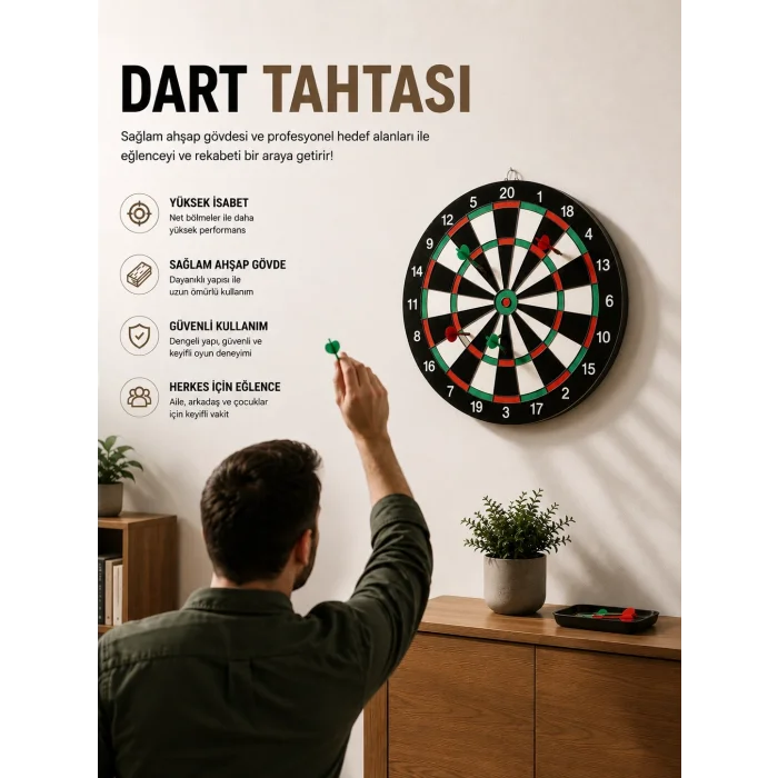 BUĞZ 17 İnç Dart Tahtası Sağlam Ahşap Gövde ve Uzun Ömürlü Kullanım