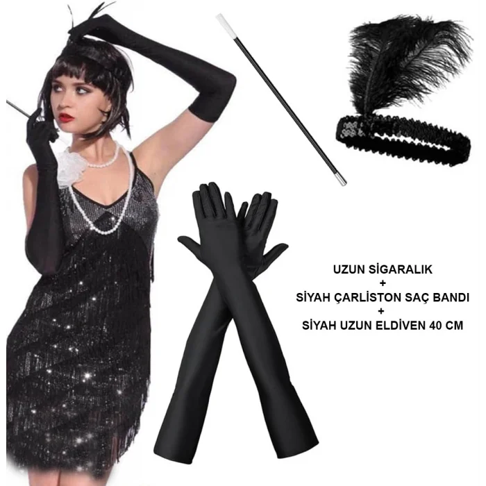 BUĞZ 192039ler Gatsby Aksesuar Seti – Siyah Charleston Saç Bandı, Uzun Eldiven  Lık