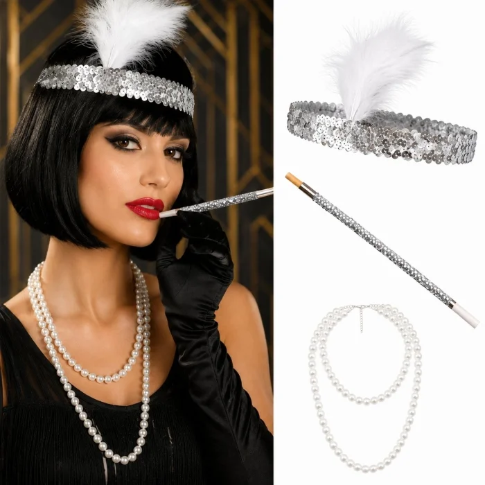 BUĞZ 192039ler Gatsby Gümüş Parti Seti - Çarliston Saç Bandı, İnci Kolye Ve  Tutacağı