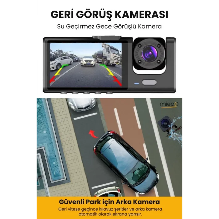 1s Wifi / App /1920p Fhd/ 170° Ultra Geniş Açı/gece Görüş/ G-sensörü 3 Kameralı Araç Kamerası(2025)