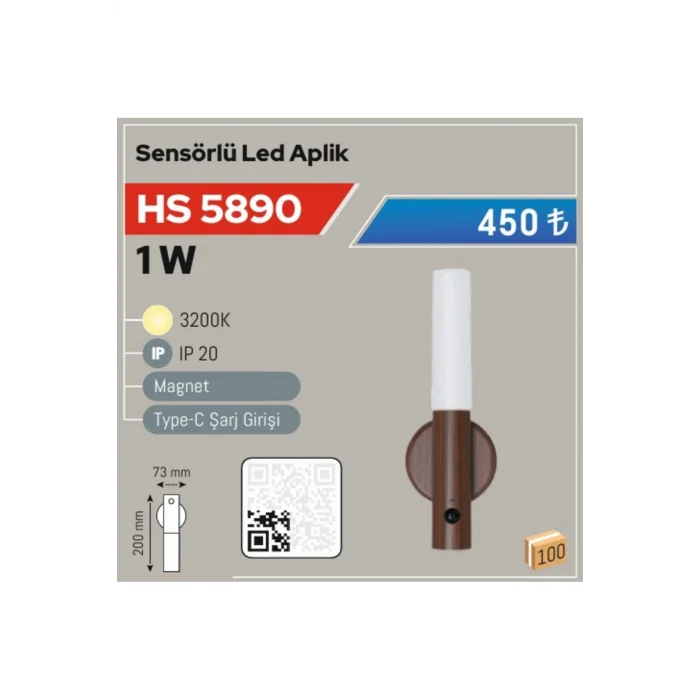 BUĞZ 1W Magnetli Sensörlü LED Aplik HS-5890 Kablosuz Duvar Lambası Gün Işığı
