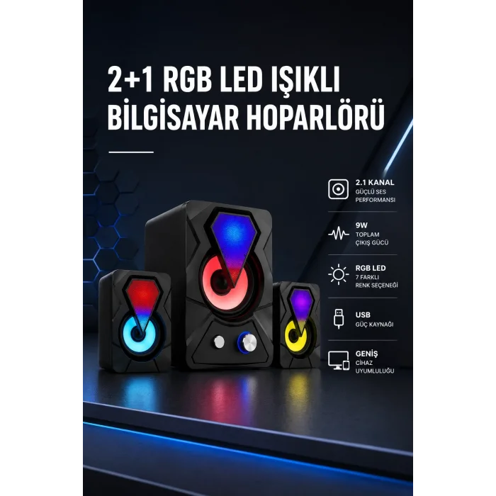BUĞZ 2+1 RGB LED Işıklı Güçlü Bas Sistemli Bilgisayar Hoparlörü