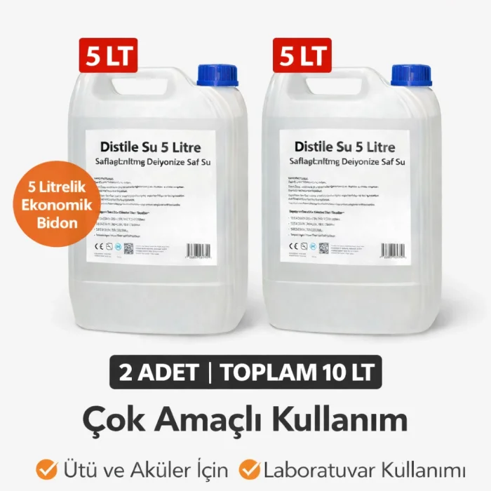 BUĞZ 2 Adet Distile Su 5 Litre Toplam 10 Litre Saflaştırılmış Deiyonize Saf Su Çok Amaçlı Kullanım