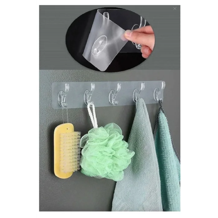 BUĞZ 2 Adet Kendinden Yapışkanlı Güçlü Şeffaf 5li Askılık - Kapı Arkası Mutfak Duvar Banyo