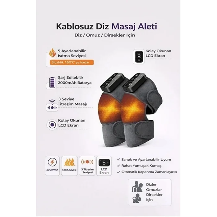 BUĞZ 2 Adet Şarjlı Isıtmalı Diz Masaj Aleti – Titreşimli Fizyoterapi Dizlik | Diz Omuz Kol Bacak
