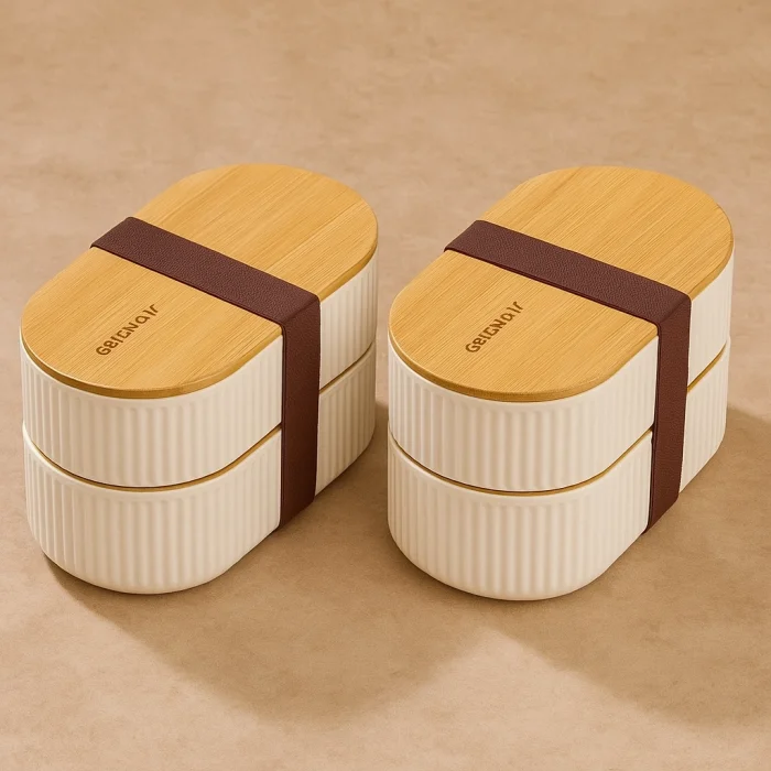  2li 1000ml Ahşap Kapaklı Lunch Box Set Bambu Diyet Yemek Kabı Saklama Kutusu Öğle Yemeği Kutusu