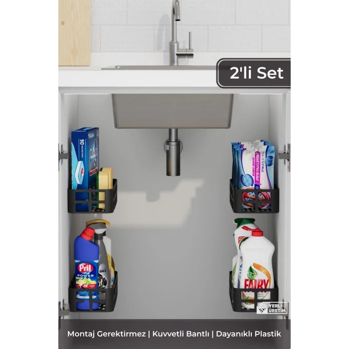  2li Yapışkanlı Evye Altı ve Dolap İçi Düzenleyici Organizer Raf Seti