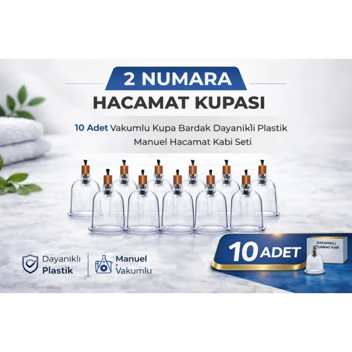 BUĞZ 2 Numara Hacamat Kupası 10 Adet Vakumlu Kupa Bardak Dayanıklı Plastik Manuel Hacamat Kabı