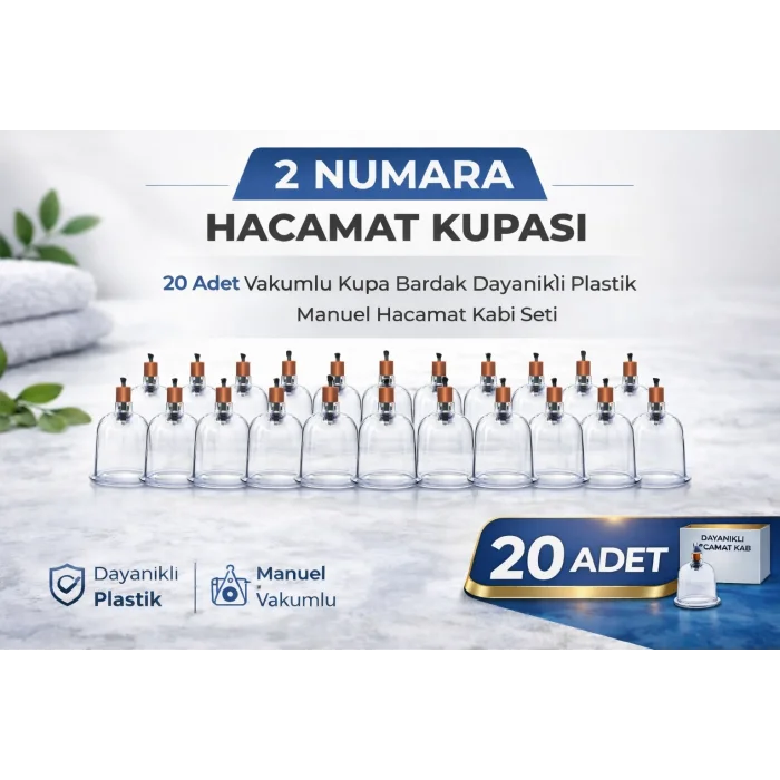 BUĞZ 2 Numara Hacamat Kupası 20 Adet Vakumlu Kupa Bardak Dayanıklı Plastik Manuel Hacamat Kabı