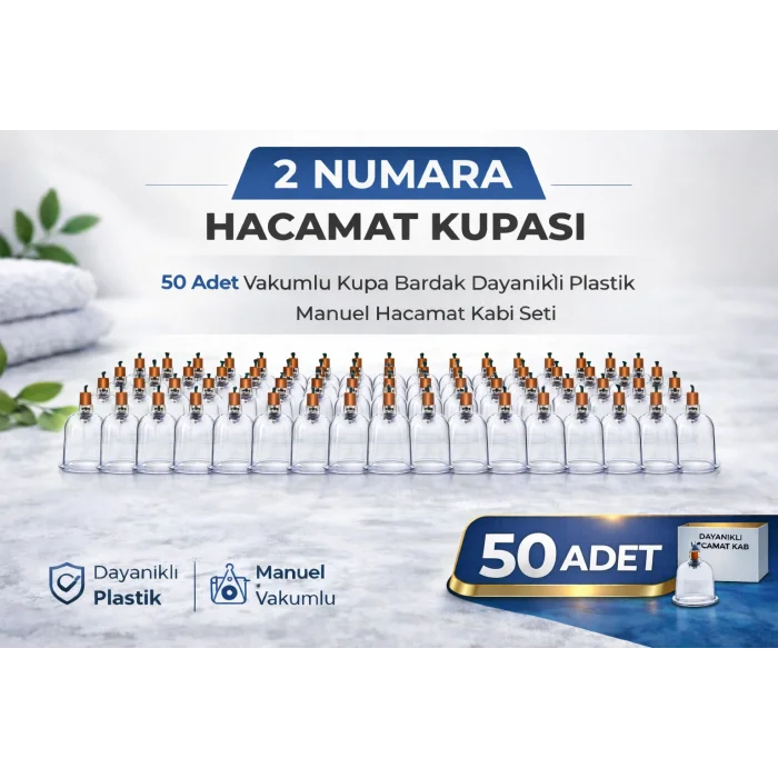 BUĞZ 2 Numara Hacamat Kupası 50 Adet Vakumlu Kupa Bardak Dayanıklı Plastik Manuel Hacamat Kabı