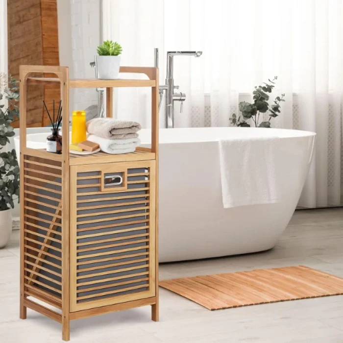 BUĞZ 2 Organizer Raflı Ahşap Bambu Çek-Aç Kirli Sepeti