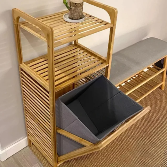 BUĞZ 2 Organizer Raflı Ahşap Bambu Çek-Aç Kirli Sepeti