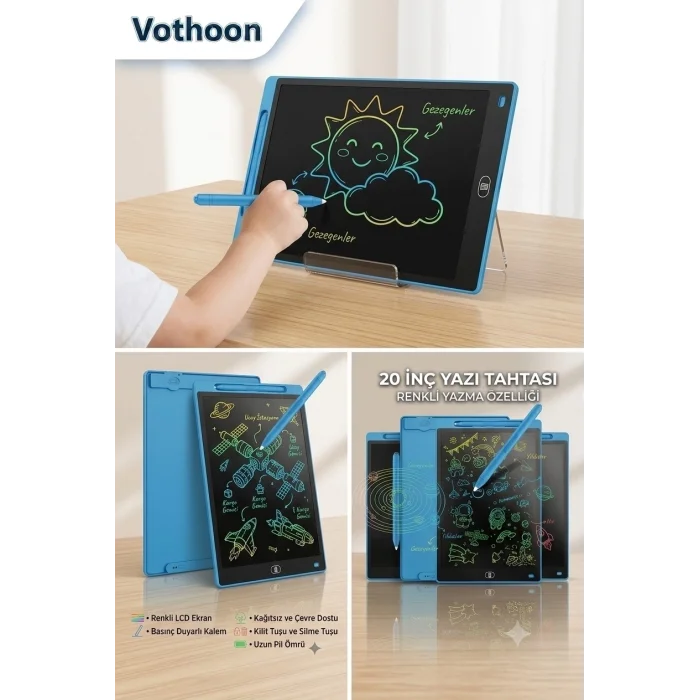 BUĞZ 20 Inc Renkli Lcd Grafik Dijital Kalemli Çizim Tableti Yazı Tahta Not Yazma Eğitim Tableti Mavi